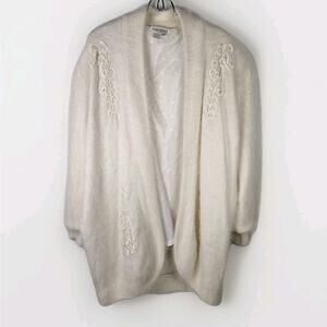 Vintage 80's Angora Rabbit Coat Floral Beaded Cardigan Large Soft Cottage Artsy